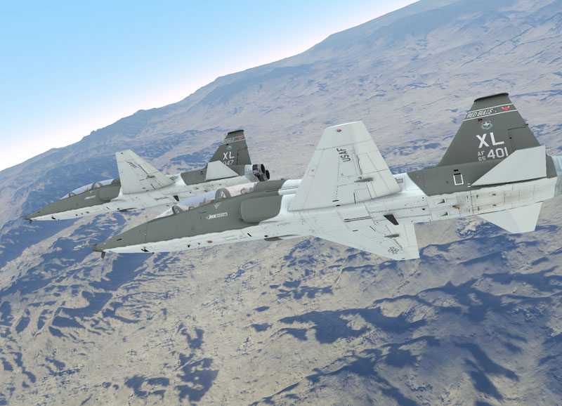 T-38C en formation au-dessus de la région désolée du Nevada.. Pour le moment l'ailier IA peut effectuer des manoeuvres de formation simples.